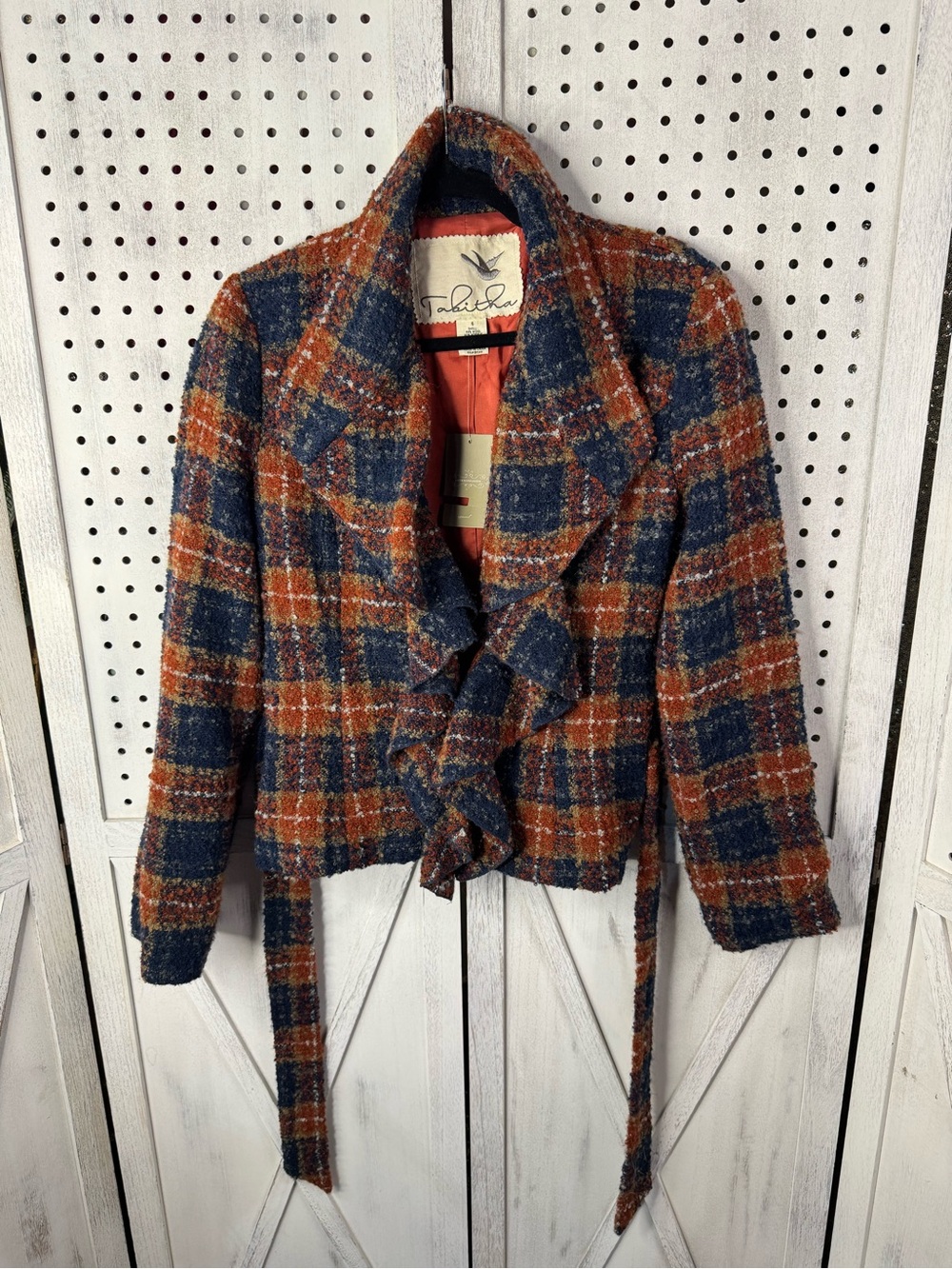 Tabitha Wool Blend Plaid Tie Waist Blazer Jacket Navy Rust Orange Size 6 NWT - Picture 12 of 12